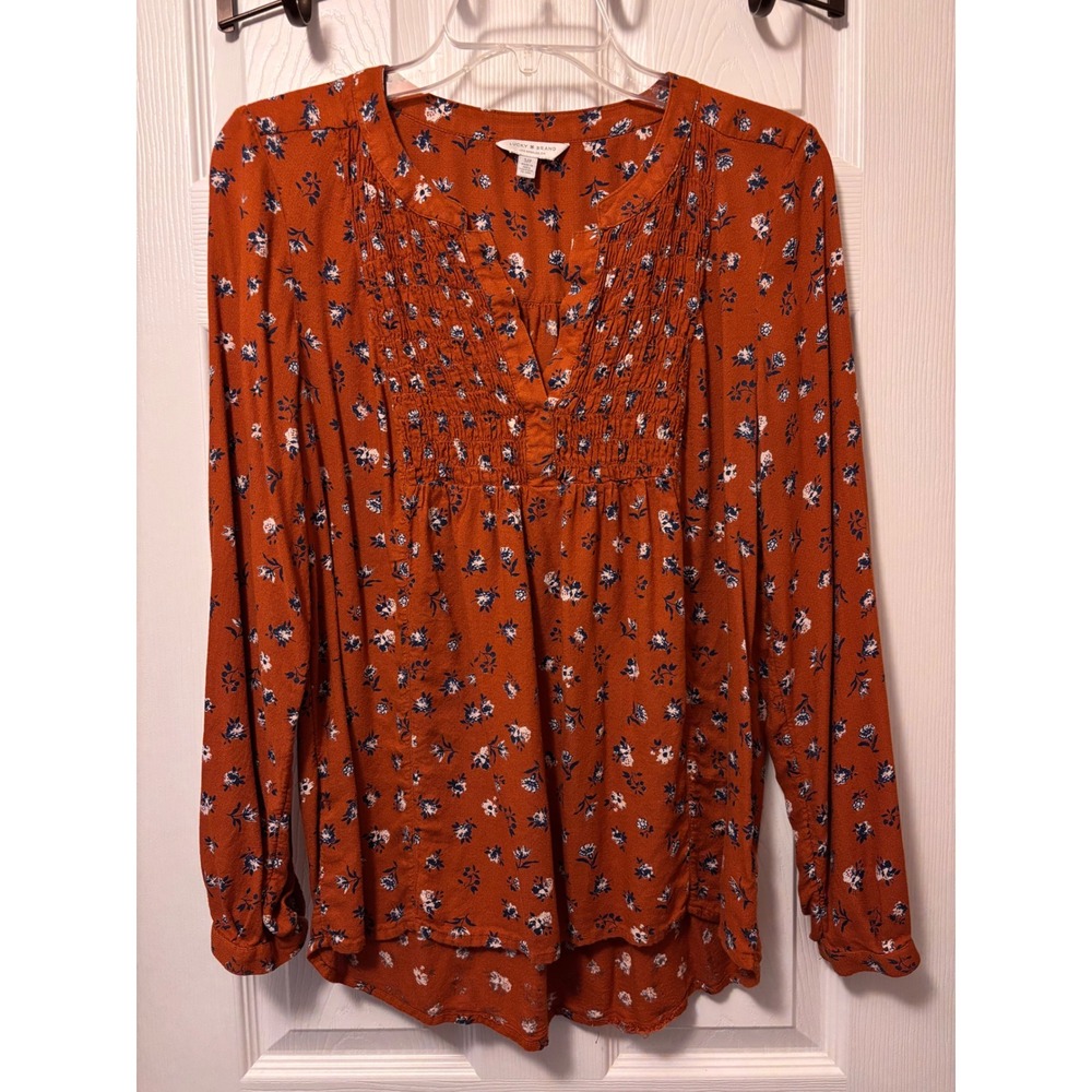 Lucky Brand Rust Orange Floral Smocked Peasant Top Long Sleeve Blouse Small
